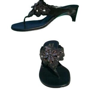 Donald Pliner Black Sequin Beaded Leather Shoe Sandal New Thong T-Strap $325 NIB